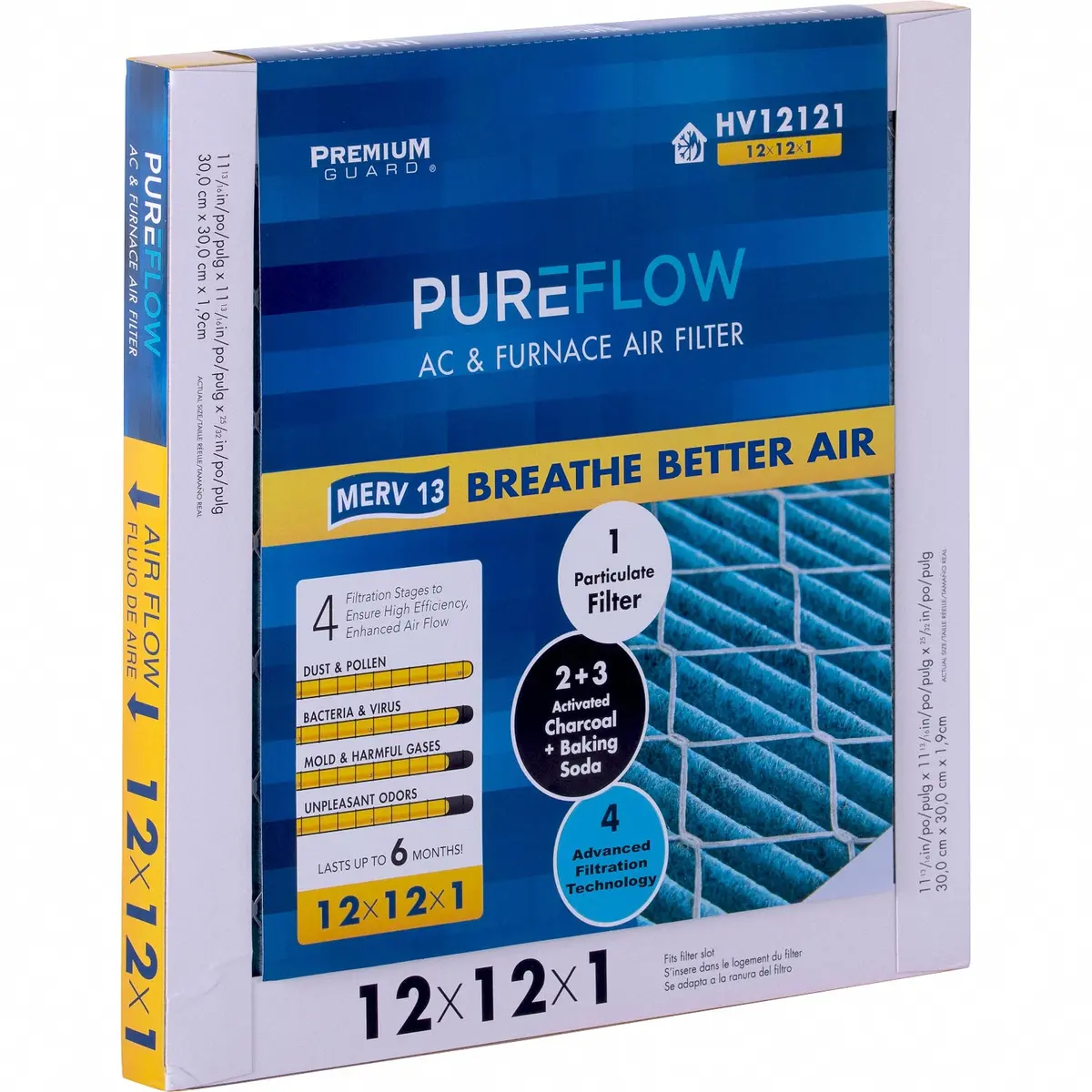 Pureflow, Home Furnace Air Filter 12X12x1, With 4 Layers Of Advanced Filtration Technology, Merv-13 Pack Of 2 1