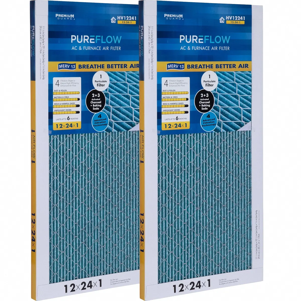 Pureflow, Home Furnace Air Filter 12X24x1, With 4 Layers Of Advanced Filtration Technology, Merv-13 Pack Of 2 1