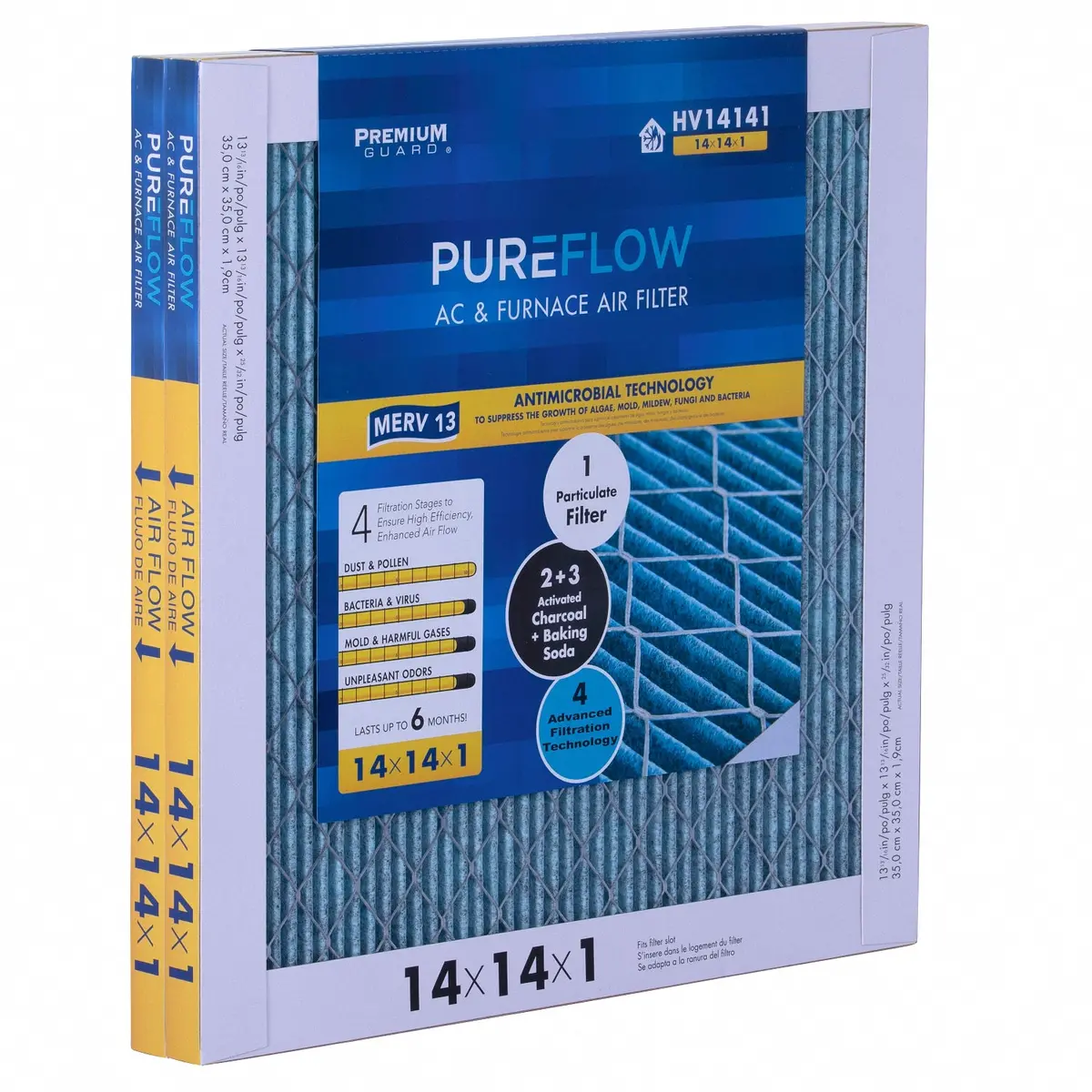 Pureflow, Home Furnace Air Filter 14X14x1, With 4 Layers Of Advanced Filtration Technology, Merv-13 Pack Of 2 1