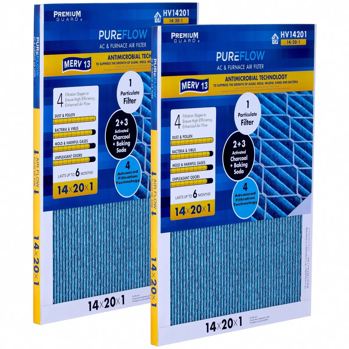 Pureflow, Home Furnace Air Filter 14X20x1, With 4 Layers Of Advanced Filtration Technology, Merv-13 Pack Of 2 1