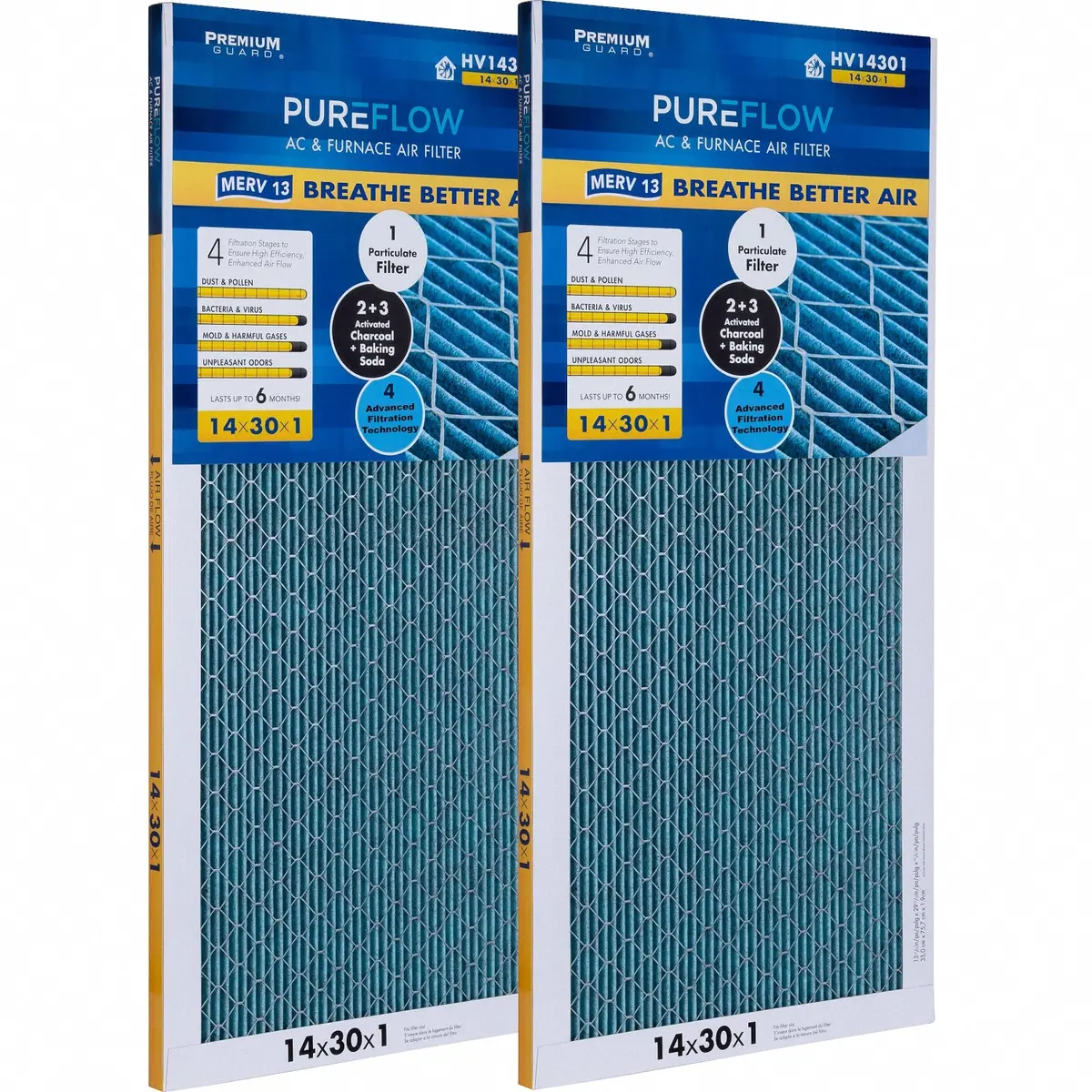 Pureflow, Home Furnace Air Filter 14X30x1, With 4 Layers Of Advanced Filtration Technology, Merv-13 Pack Of 2 1