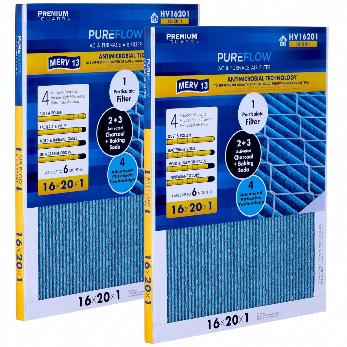 Pureflow, Home Furnace Air Filter 16X20x1, With 4 Layers Of Advanced Filtration Technology, Merv-13 Pack Of 2 1