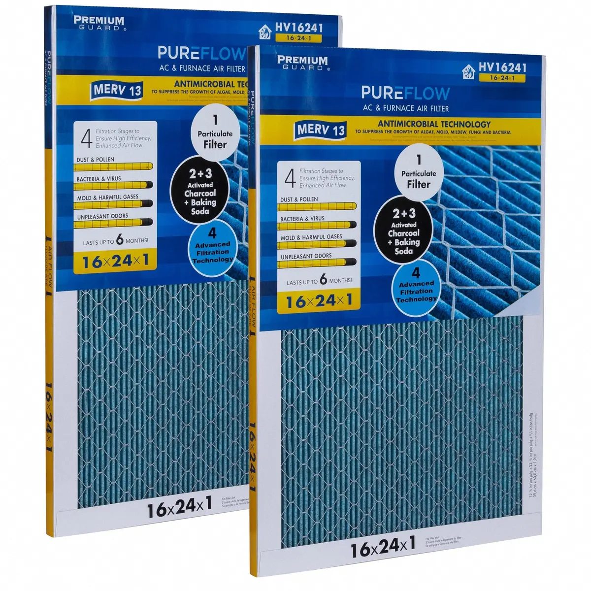 Pureflow, Home Furnace Air Filter 16X24x1, With 4 Layers Of Advanced Filtration Technology, Merv-13 Pack Of 2 1