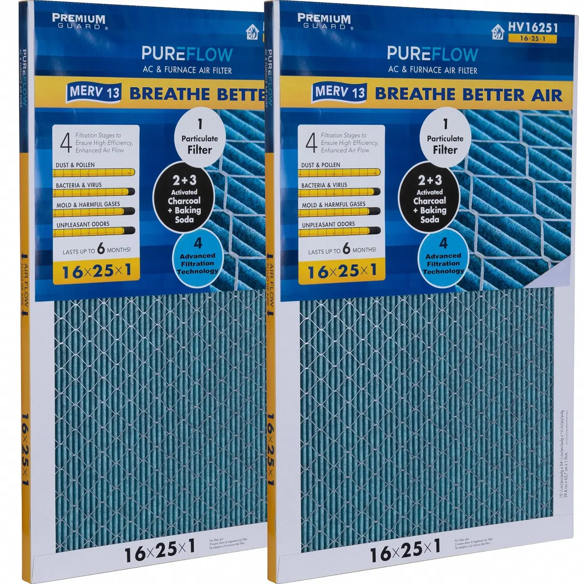 Pureflow, Home Furnace Air Filter 16X25x1, With 4 Layers Of Advanced Filtration Technology, Merv-13 Pack Of 2 2