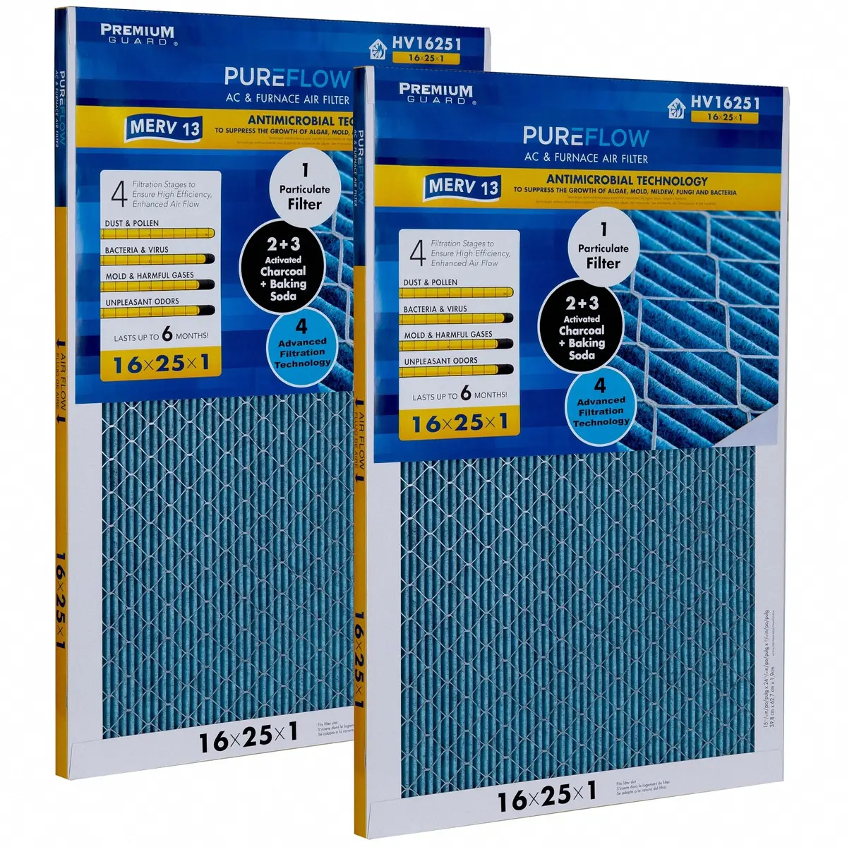Pureflow, Home Furnace Air Filter 16X25x1, With 4 Layers Of Advanced Filtration Technology, Merv-13 Pack Of 2 1