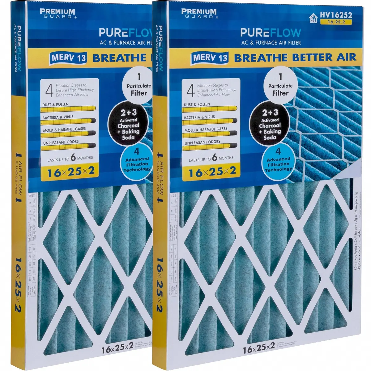 Pureflow, Home Furnace Air Filter 16X25x2, With 4 Layers Of Advanced Filtration Technology, Merv-13 Pack Of 2 1