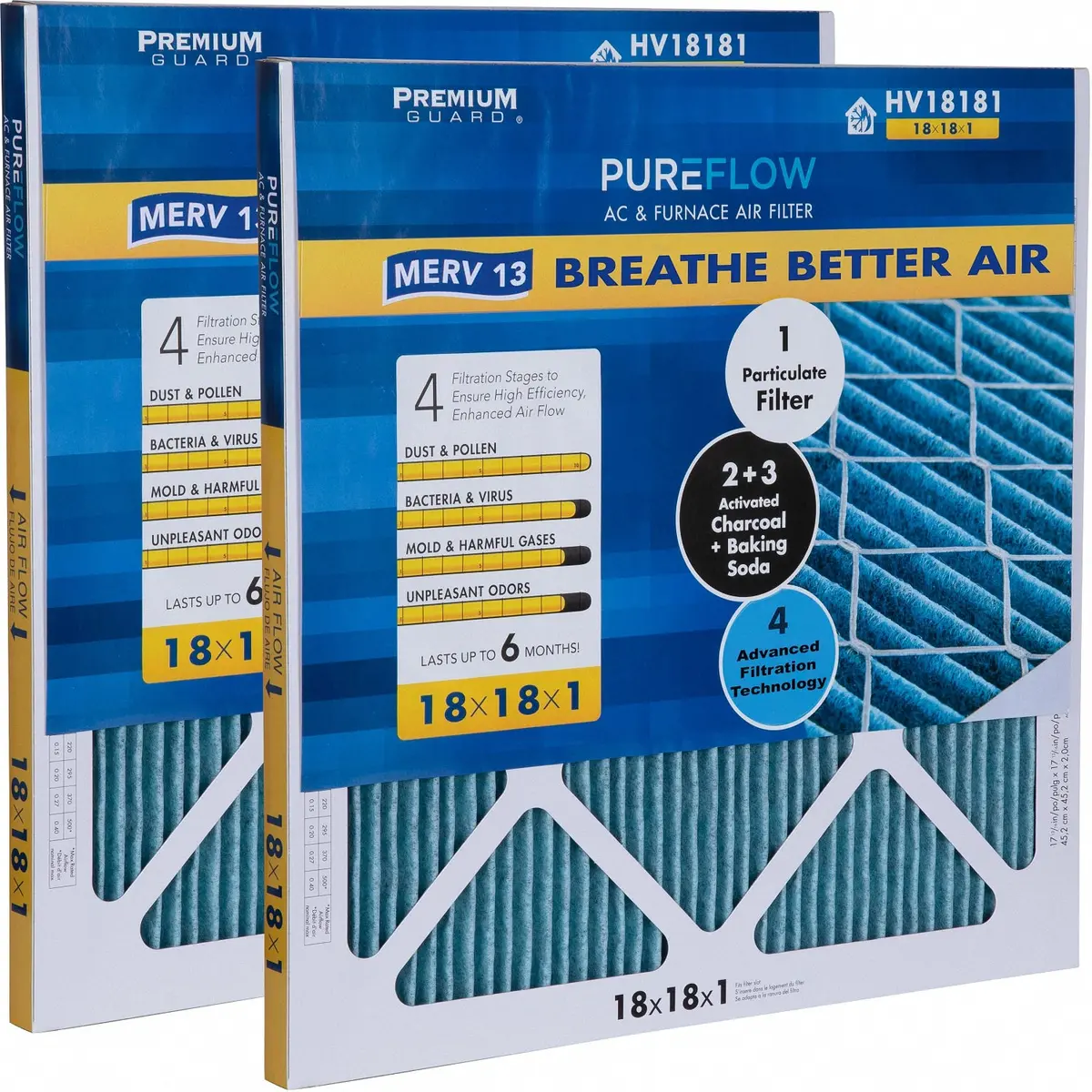 Pureflow, Home Furnace Air Filter 18X18x1, With 4 Layers Of Advanced Filtration Technology, Merv-13 Pack Of 2 1