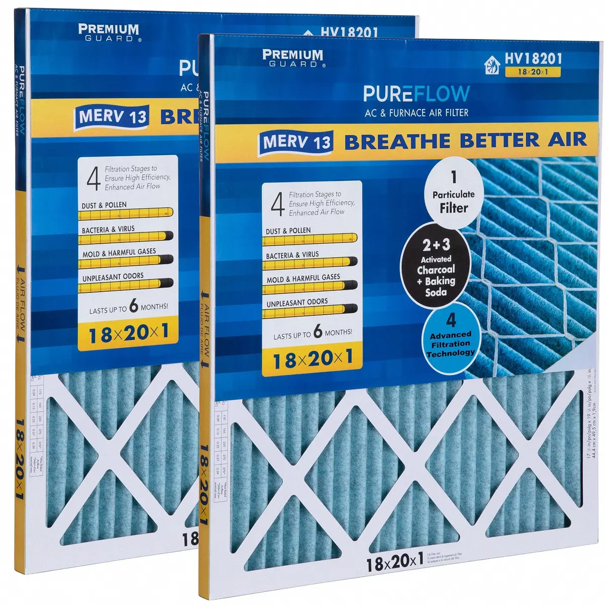 Pureflow, Home Furnace Air Filter 18X20x1, With 4 Layers Of Advanced Filtration Technology, Merv-13 Pack Of 2 1
