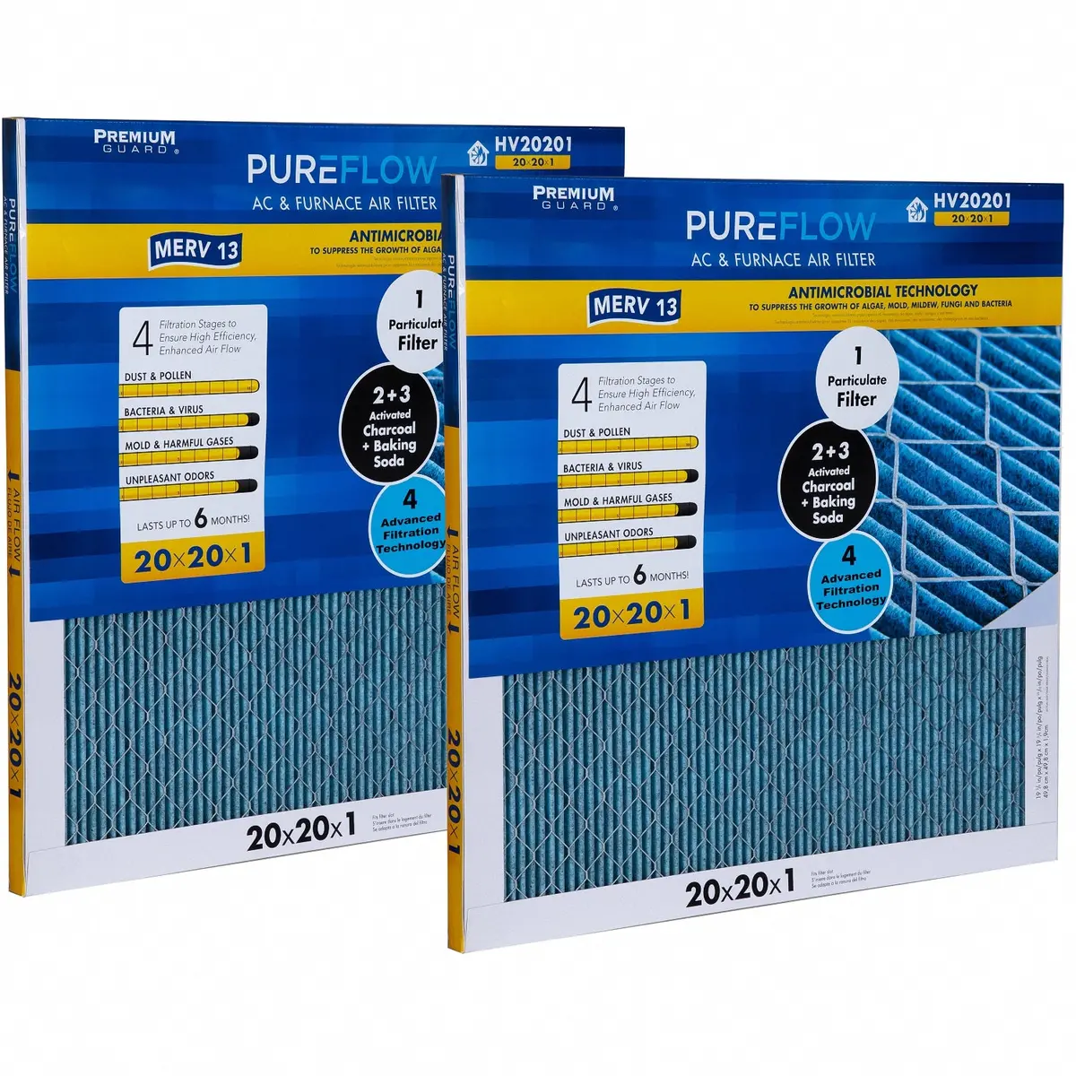 Pureflow, Home Furnace Air Filter 20X20x1, With 4 Layers Of Advanced Filtration Technology, Merv-13 Pack Of 2 1