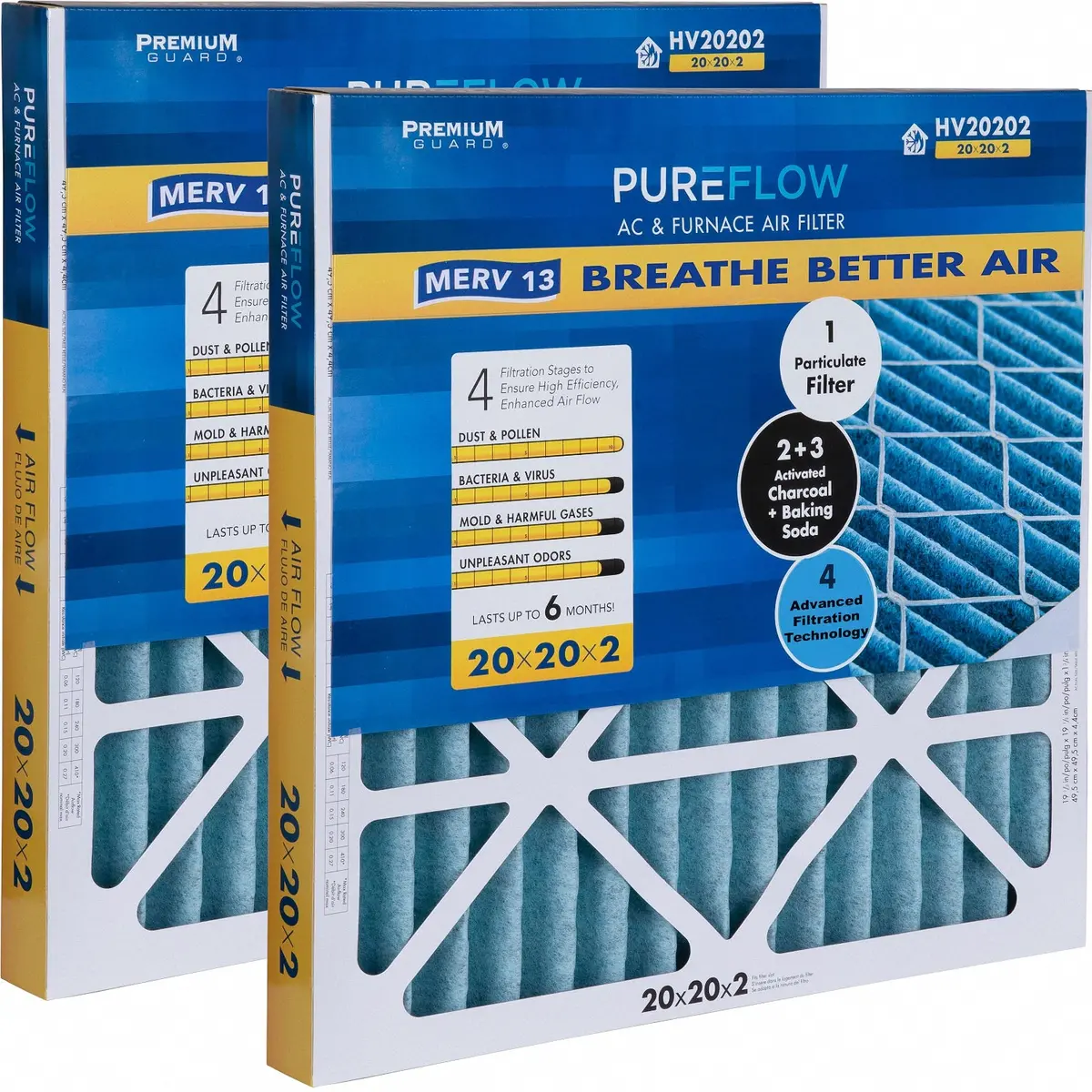 Pureflow, Home Furnace Air Filter 20X20x2, With 4 Layers Of Advanced Filtration Technology, Merv-13 Pack Of 2 1