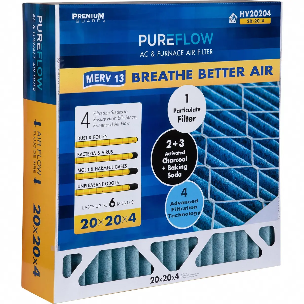Pureflow, Home Furnace Air Filter 20X20x4, With 4 Layers Of Advanced Filtration Technology, Merv-13 Pack Of 1 1