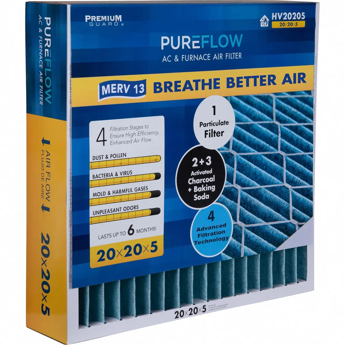 Pureflow, Home Furnace Air Filter 20X20x5, With 4 Layers Of Advanced Filtration Technology, Merv-13 Pack Of 1 1