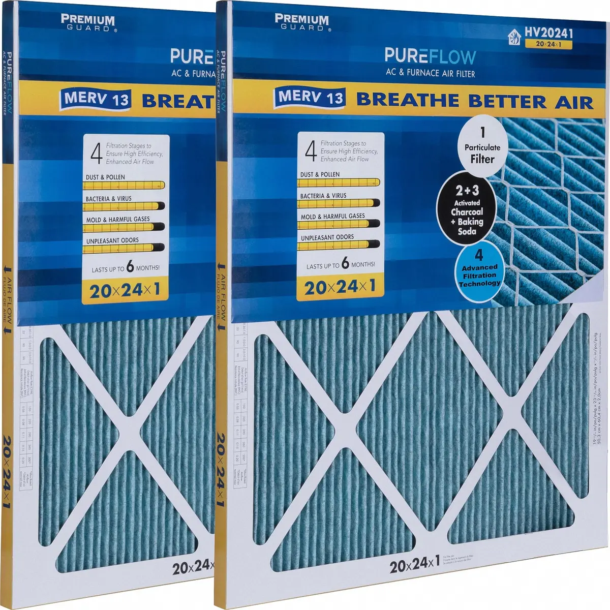 Pureflow, Home Furnace Air Filter 20X24x1, With 4 Layers Of Advanced Filtration Technology, Merv-13 Pack Of 2 1