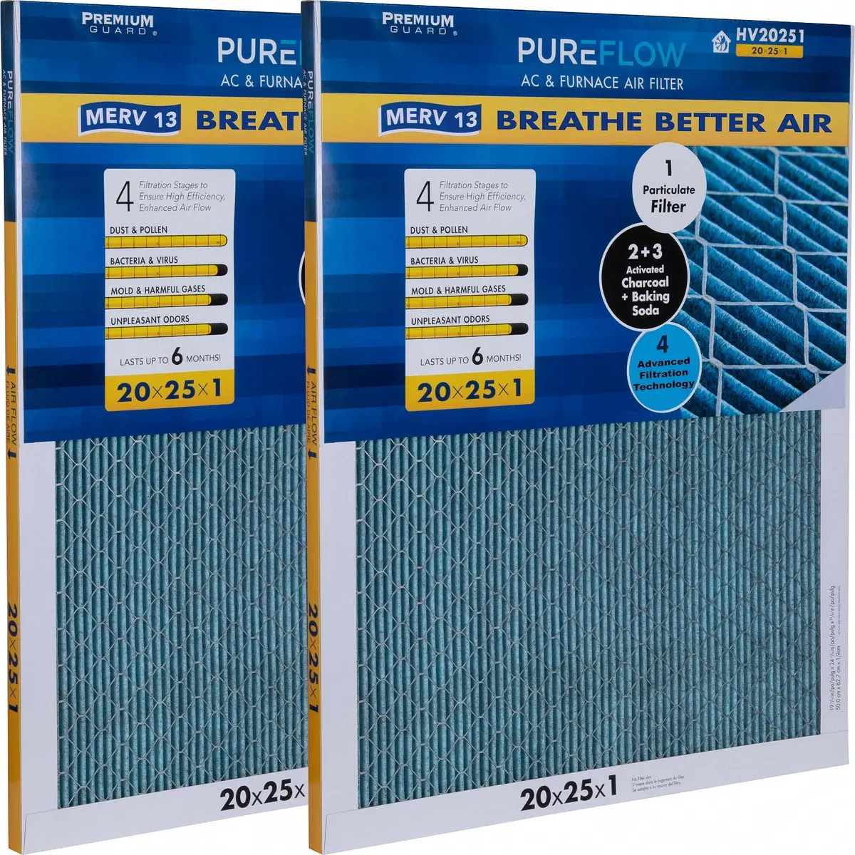 Pureflow, Home Furnace Air Filter 20X25x1, With 4 Layers Of Advanced Filtration Technology, Merv-13 Pack Of 2 2