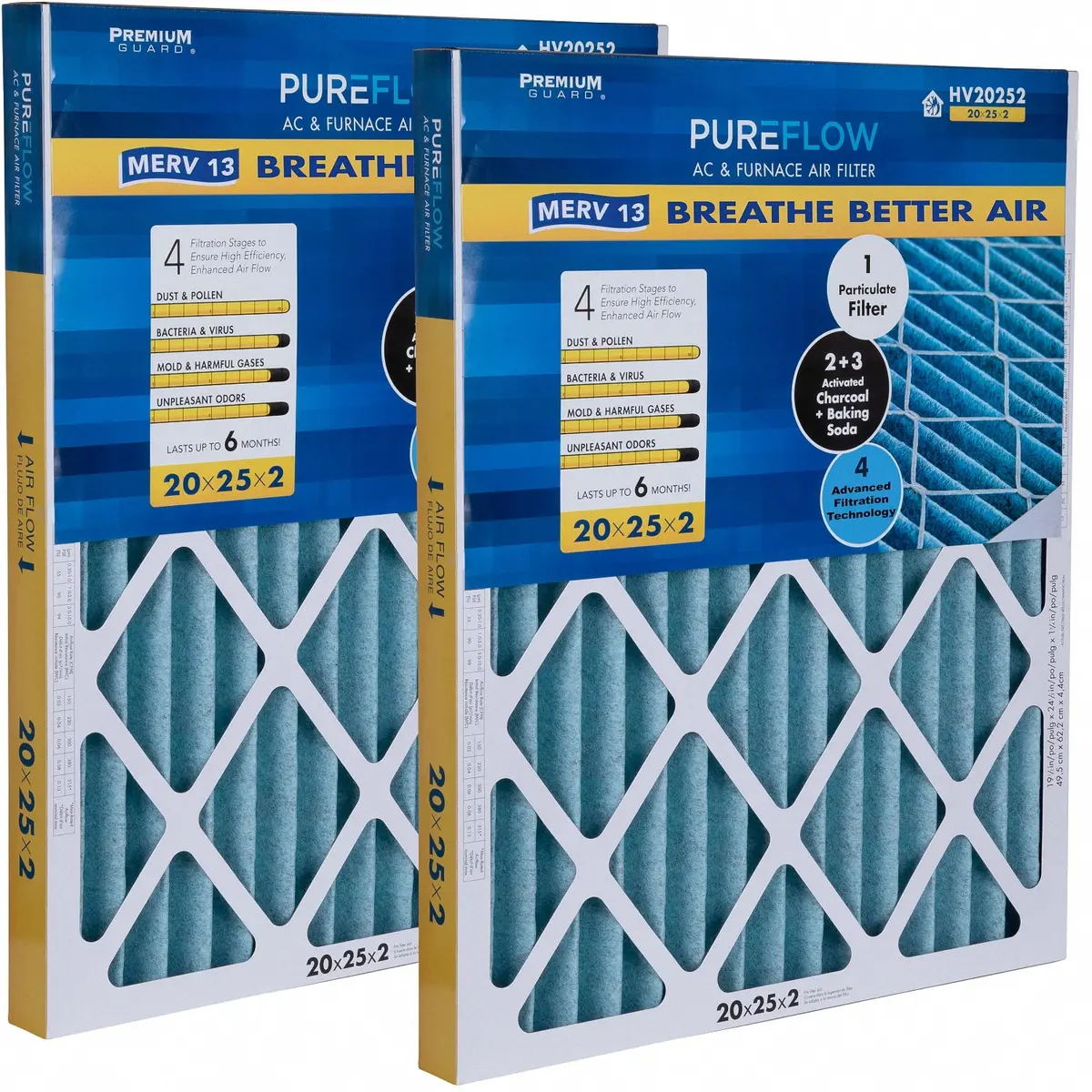 Pureflow, Home Furnace Air Filter 20X25x2, With 4 Layers Of Advanced Filtration Technology, Merv-13 Pack Of 2 1