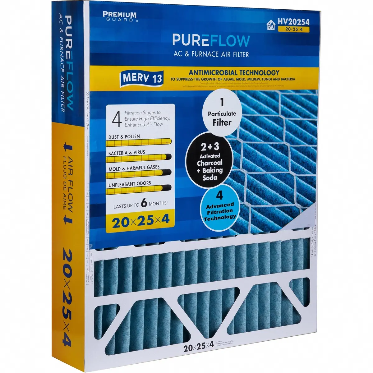 Pureflow, Home Furnace Air Filter 20X25x4, With 4 Layers Of Advanced Filtration Technology, Merv-13 Pack Of 1 1