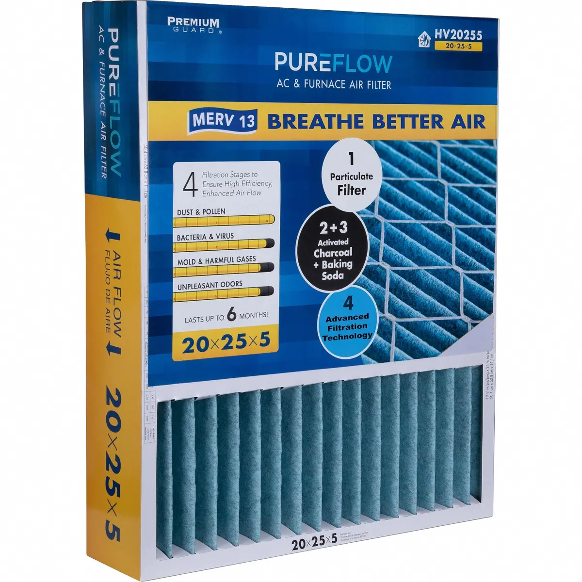 Pureflow, Home Furnace Air Filter 20X25x5, With 4 Layers Of Advanced Filtration Technology, Merv-13 Pack Of 1 1