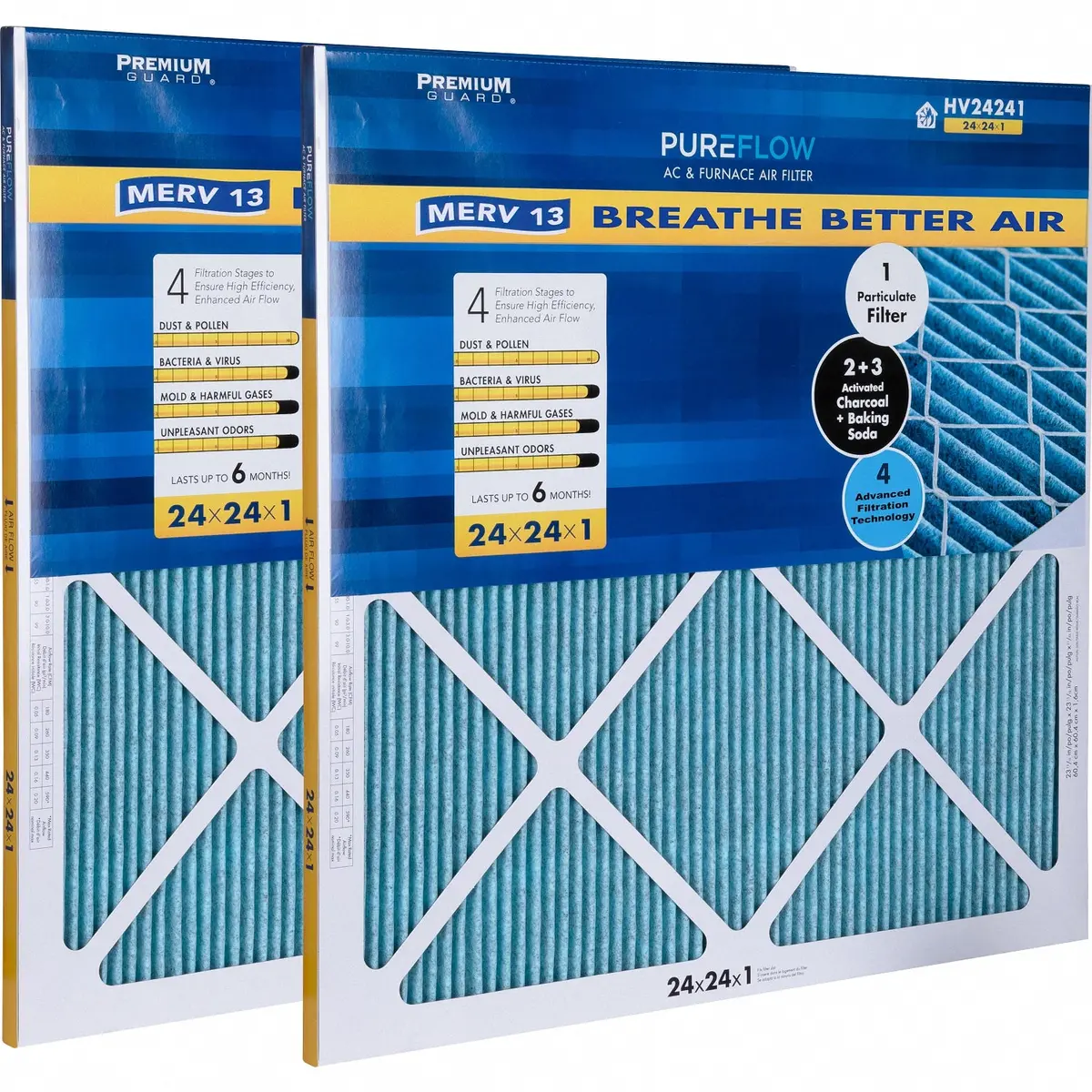 Pureflow, Home Furnace Air Filter 24X24x1, With 4 Layers Of Advanced Filtration Technology, Merv-13 Pack Of 2 1