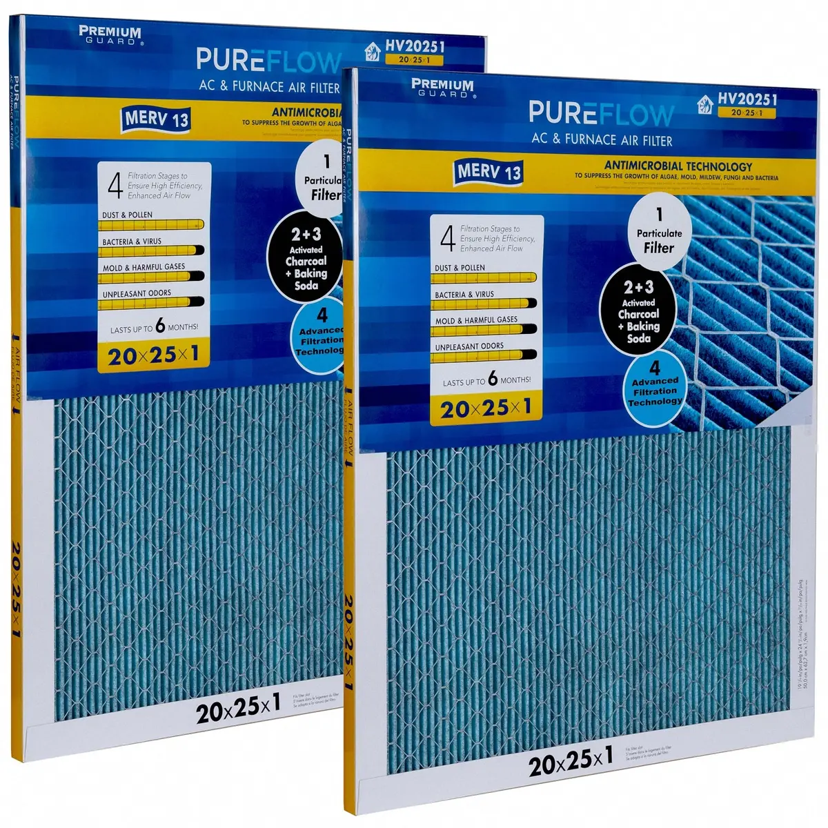Pureflow, Home Furnace Air Filter 20X25x1, With 4 Layers Of Advanced Filtration Technology, Merv-13 Pack Of 2 1